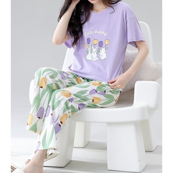 100% Cotton Women Pajama Set Short Sleeve Pullover Top Soft Purple S M L - Picture 8 of 10